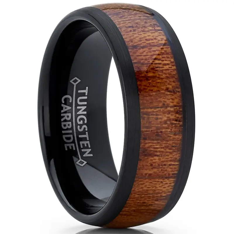 Men's 8MM Genuine Rose Wood Inlay Tungsten Ring Band, Wedding Engagement & Wedding Rings