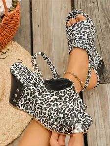 Leopard Print Platform Wedge Sandals for Women, Summer Elastic Back Strap Platform Open Toe Slides, Y2K Height Boosting Chunky Heel Sandals