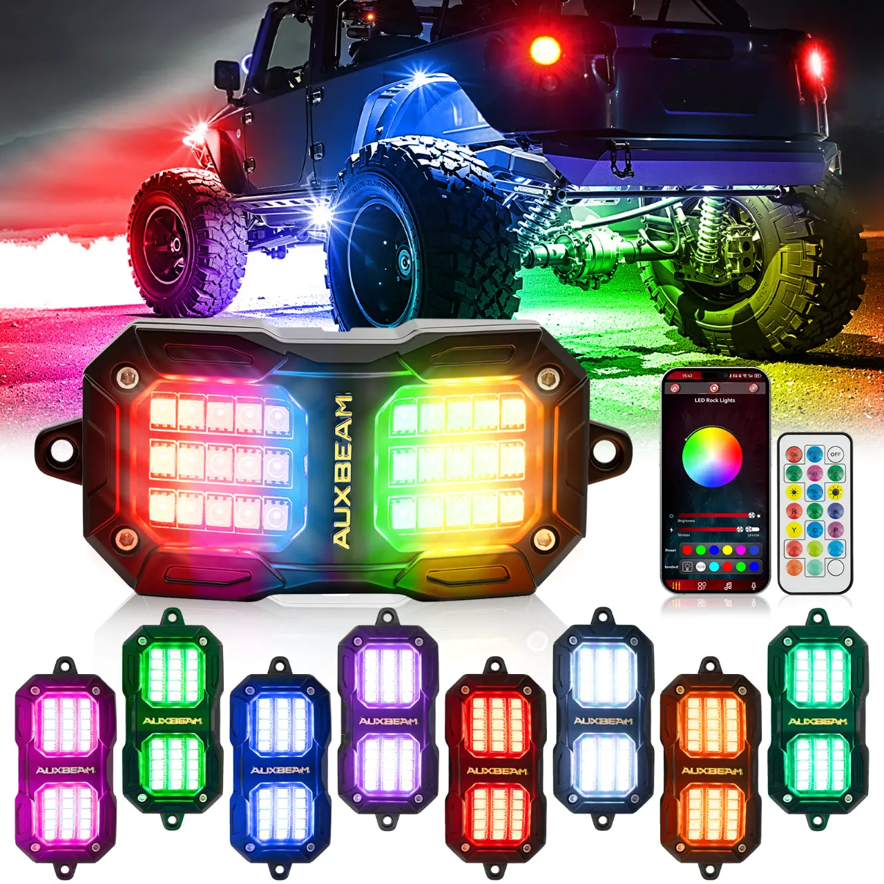 Auxbeam 4/8 Pods RGB LED Rock Lights for Trucks UTV Boat, Brake Mode Dynamic Color Changing, Bluetooth APP&Remote Control, Music Voice Sync Underglow Kit, Waterproof,,toolupgrade