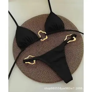 New halter neck bikini swimsuit with bust-enhancing design, sexy metal buckle triangle style, solid color two-piece swimsuit for women