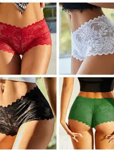 Sexy Lace Plus Size Boxer Briefs 4-Pack, Fashionable Plant Patterned Underwear for Spring & Fall, Tight-Fitting Comfortable Style