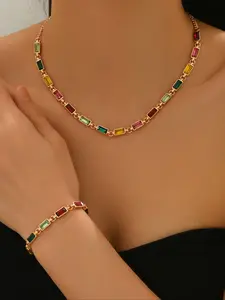 Women's Fashion Necklace & Bracelet Jewelry Set, Geometric Design, Colorful Rhinestones, Perfect Gift for All Occasions, Matching Jewelry Set, Trendy Jewelry Set