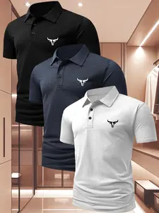Men's Summer Plaid Short Sleeve Fitted Polo Shirt 3 Pack, Fashionable Stretch Fabric, Graphic Bull Head Print, Casual Versatile Daily Wear