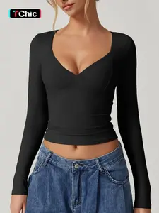 Women's Plain Sweetheart Neck Long Sleeve Tee, Minimalist Casual T-Shirt for Daily Wear, Ladies Clothes for All Seasons