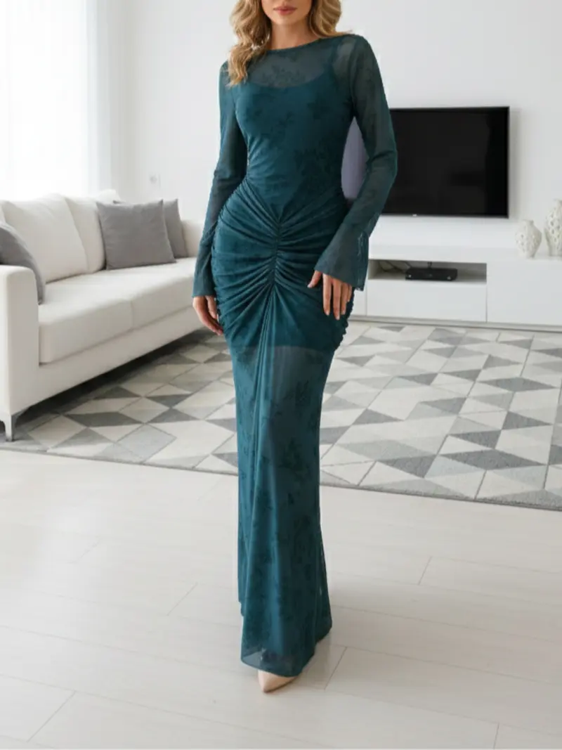 dark teal bodycon dress Mesh Overlay Midi Pencil Dress in White