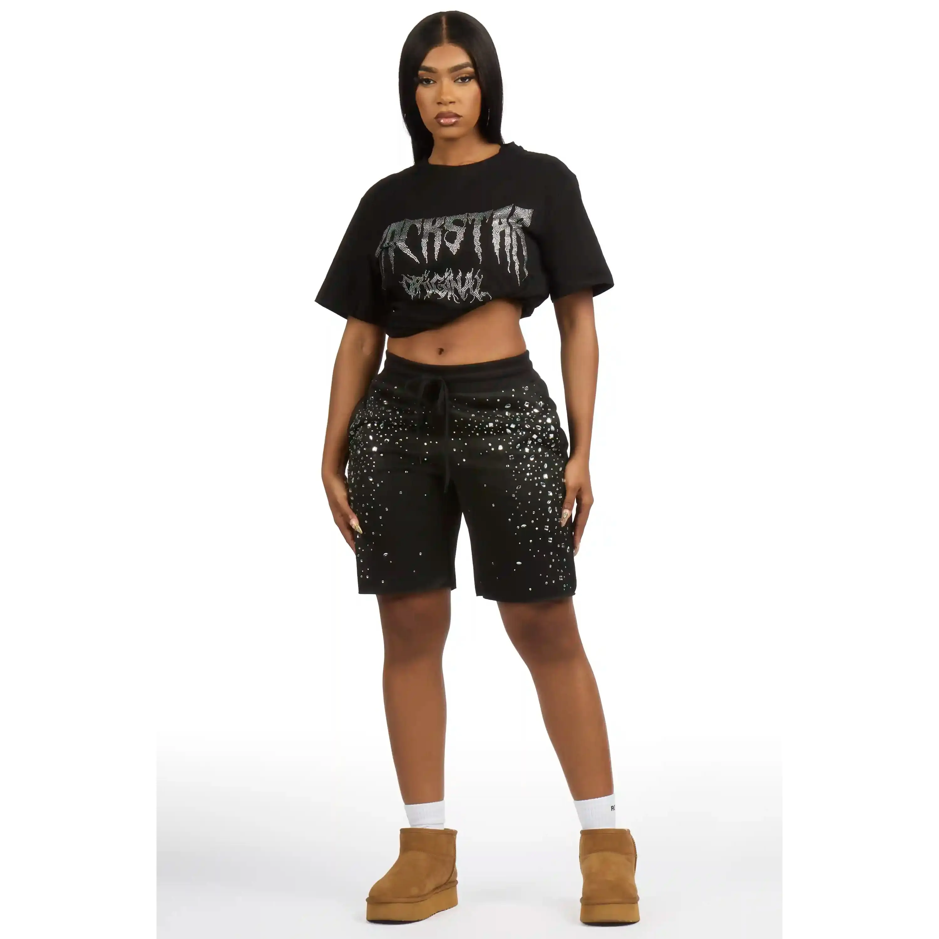 Porsha Black Rhinestone T-Shirt Short Set
