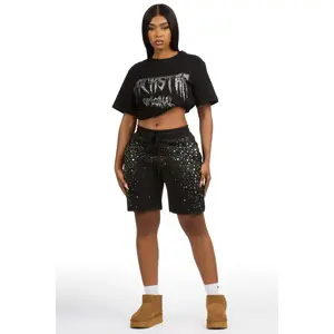 Porsha Black Rhinestone T-Shirt Short Set