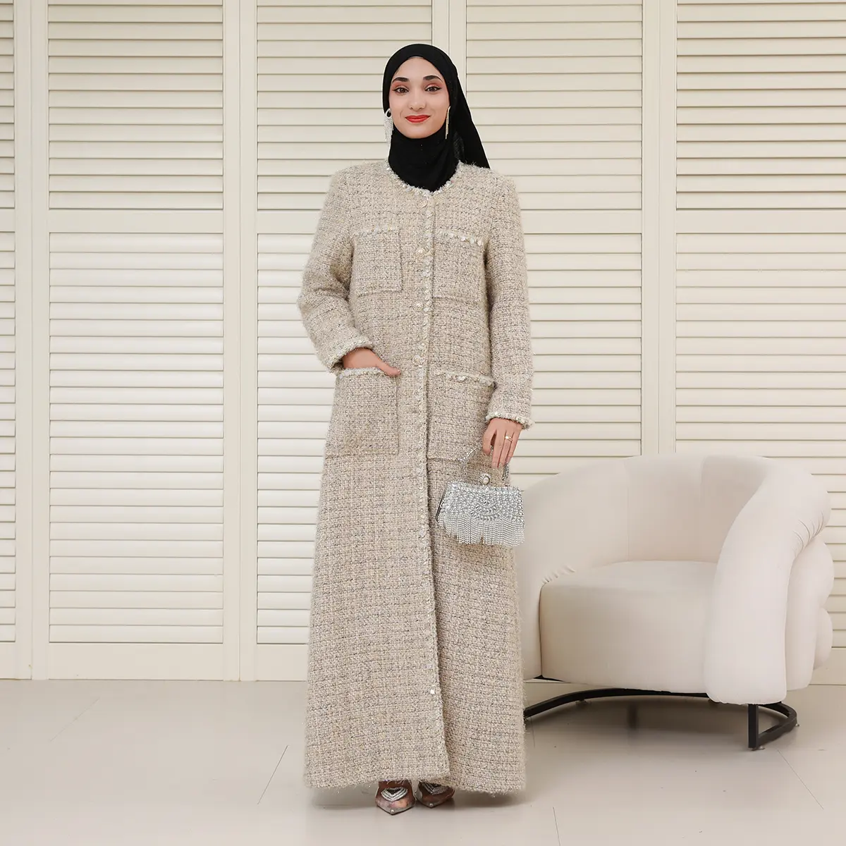 Women’s Premium Wool Blend Thick Polyester Fabric Winter Coat - Hand-Decorated Sparkling Trim, Warm Elegant Modest Outerwear with Pockets, NCC001