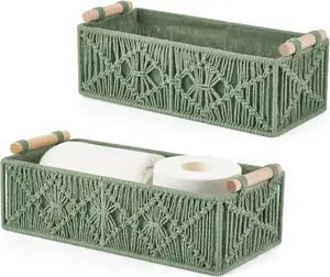 Macrame Storage Baskets Boho Decor Box  Woven Decorative Countertop Toilet Tank Shelf Cabinet Organizer for Bedroom Livingroom , Set of 2, Green