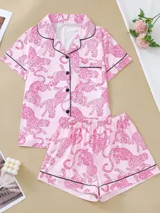 Casual pink leopard print pajama set for women lapel short-sleeved top and baggy shorts loungewear for women T2ZX
