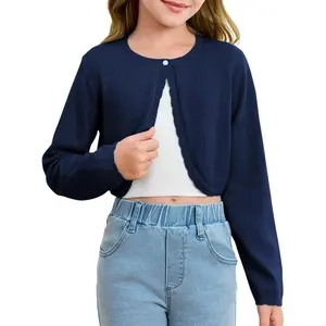 Girls Long Sleeve Bolero Cardigan Kids Cute Button Knit Shrug Cropped Sweater Tops