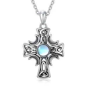 Celtic Knot Cross Pendant Necklace with Moonstone, 925 Sterling Silver Cross Celtic Knot Necklace Jewelry Gifts For Woman Girls, Energy Jewelry for Her