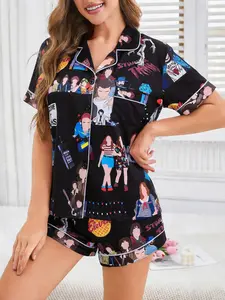 Women's 2-Piece Stranger Things Print Lapel Pajama Set, TV Show Merchandise Loungewear, Short Sleeve Button Down Top with Pocket & Elastic Waist Shorts, Soft Comfy All-Season Casual Sleepwear for Ladies Home Daily Wear Pyjamas