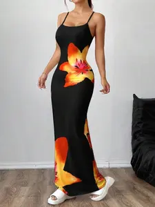 Women's Elegant Floral Print Long Strap Summer Dress - Ideal for Vacation & Beach