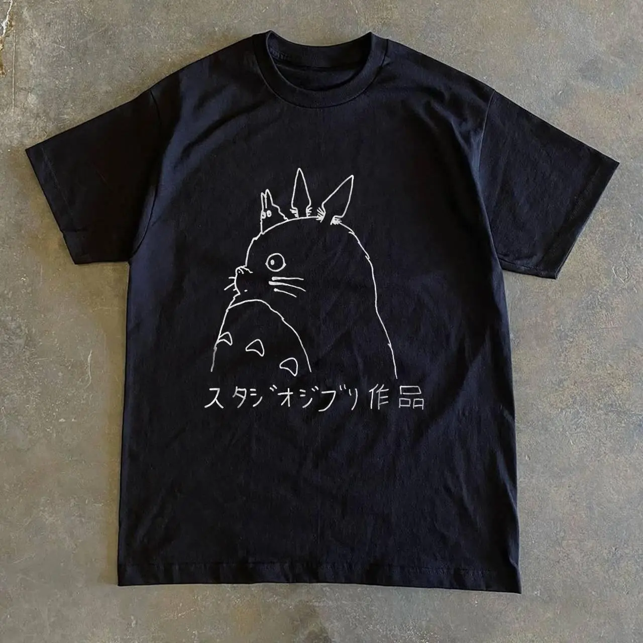 Totoro T-shirt Vintage Studio Ghibli Totoro Line Art Graphic Tee, Retro Japanese Anime Kanji Lettering Shirt, Loose Fit Top