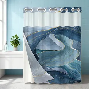 1PC double-layer large ring shower curtain, blue wavy line interwoven pattern, shower curtain, high-end quick drying hanging curtain, bathroom, curtain, waterproof, mildew proof curtain