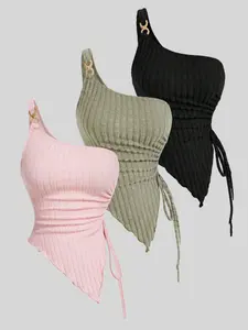Women's Fashion Off-Shoulder Short Top Set, Polyester Knit Solid Color Off-Shoulder Tops Three-Piece Set, Casual Summer