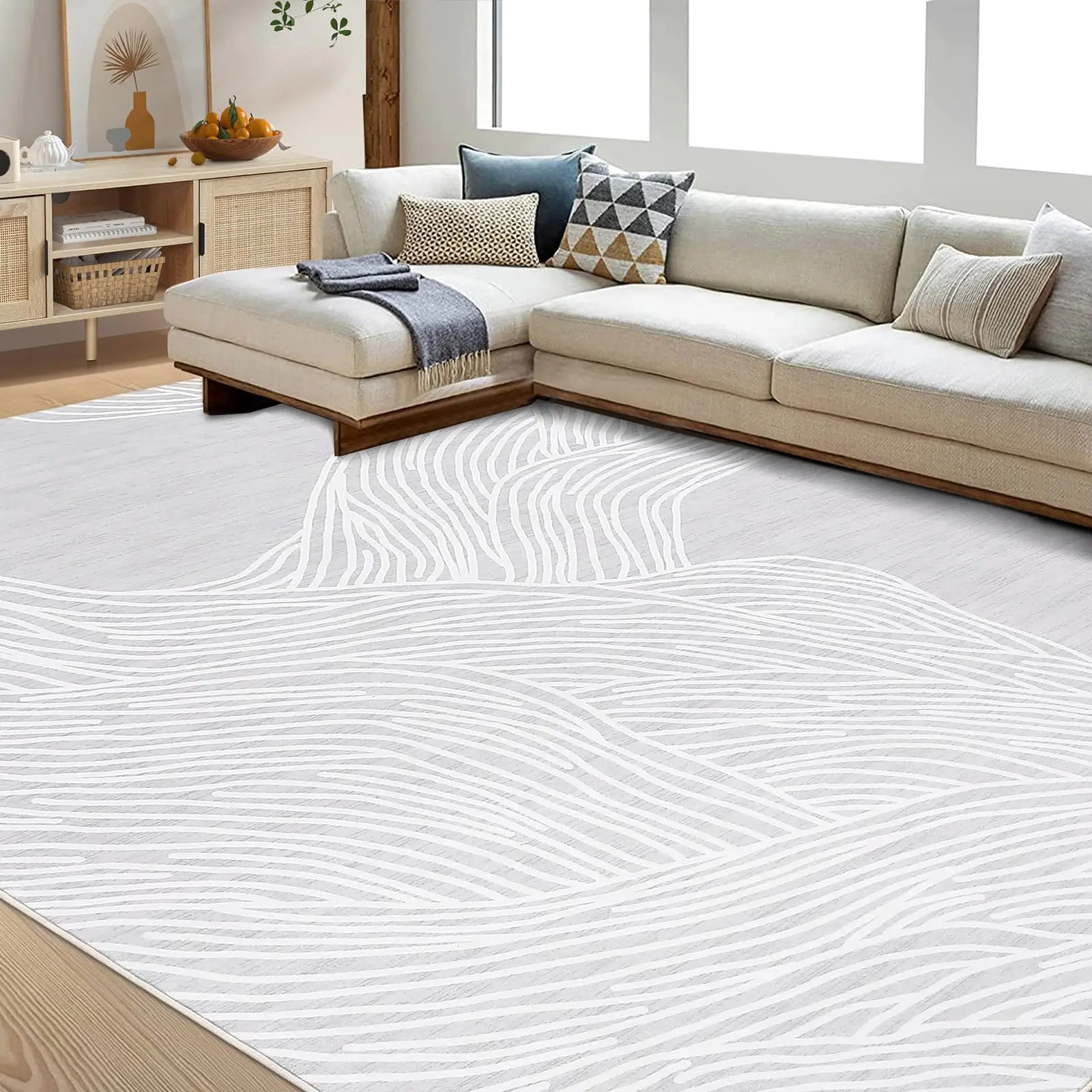 Garvee 9x12 Area Rug for Living Room Non-Slip Low Pile Machine Washable Carpet Modern Abstract Dining Rugs Stain-Resistant Contemporary Striped Area Rug for Bedroom Bistro Playroom Baby Room Grey