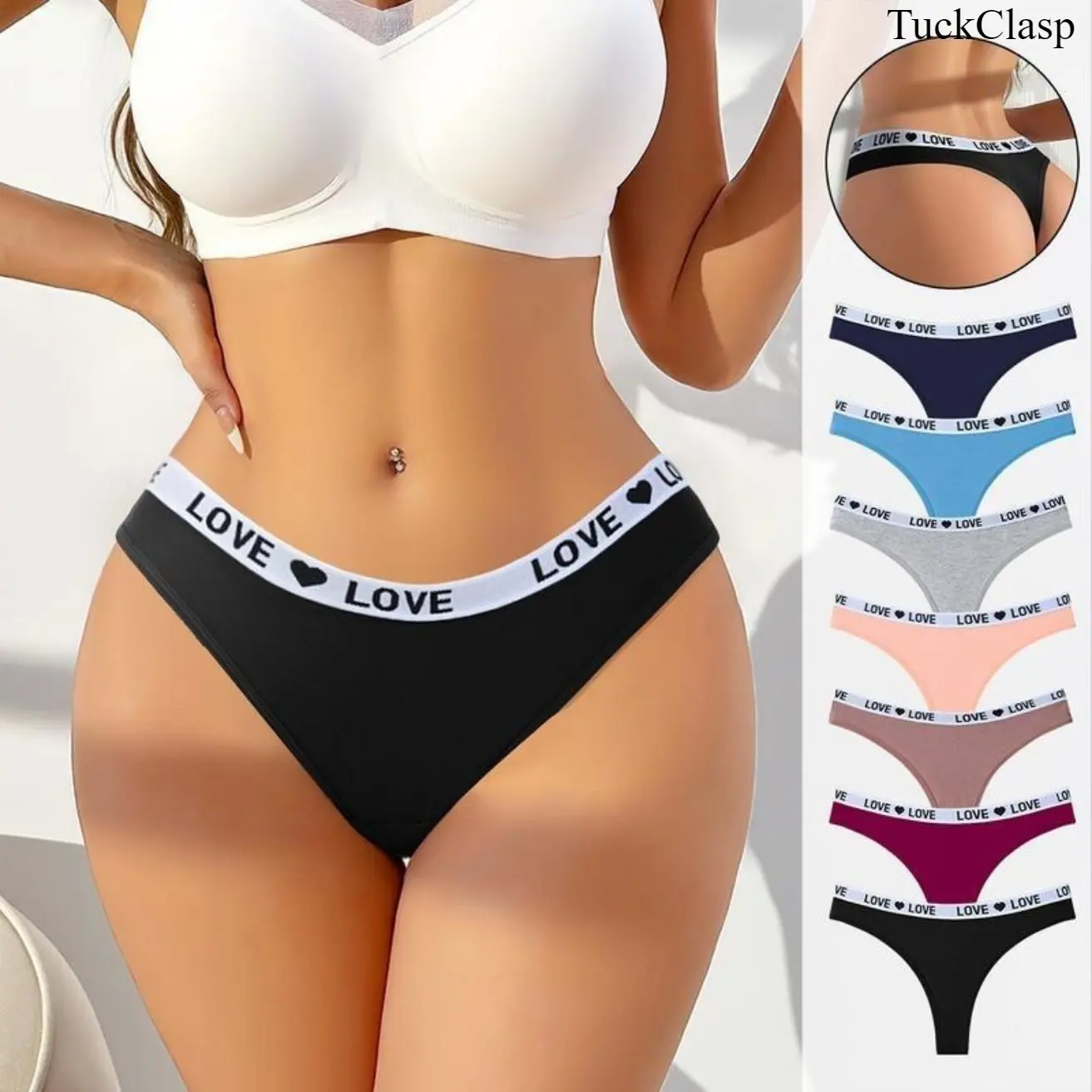 7-Pack Women’s Low-Rise Thong Panties, Soft Cotton Spandex Breathable Underwear with Cute Heart Waistband, Seamless Invisible Comfort for Everyday Wear