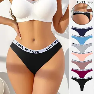 7-Pack Women’s Low-Rise Thong Panties, Soft Cotton Spandex Breathable Underwear with Cute Heart Waistband, Seamless Invisible Comfort for Everyday Wear
