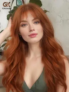GKtineke Women's Long Natural Wave Middle Curl Wig with Straight Bangs, Ginger Copper Gradual Wig, Stylist Friendly Wig, 26 Inches, Synthetic Material, Heat Resistant, Daily Use