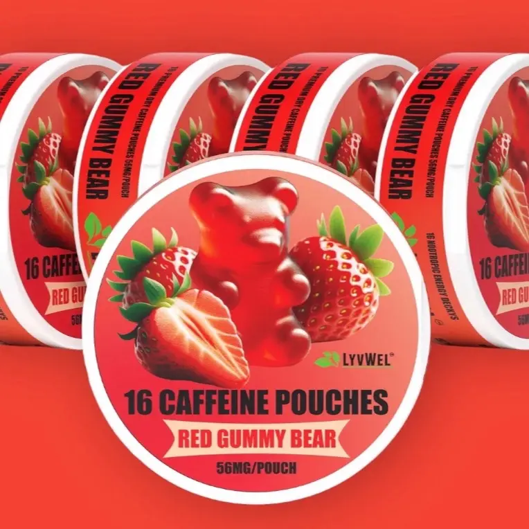 Strawberry Caffeine  pouches - 5 jars (16 pouches/jar) energy drink boost immunity Beverage Sport Flavor