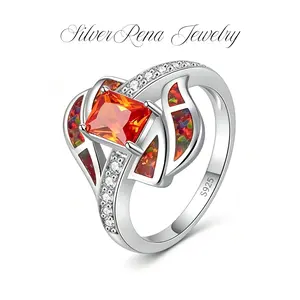 925 Sterling Silver Orange Fire Opal & Square Cut Garnet Statement Ring - Gothic Witchy Adjustable Band with Inlaid Opal Accents, Hypoallergenic Jewelry for Women