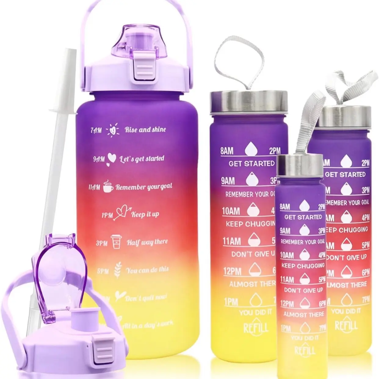 Purple Set of 4 in 1  sports water bottles, no  BPA-free, 64 ounces, 25 ounces, 15 ounces, 9 ounces, lak-proof, inspiring water bottles with drinking straw, fitness water bottle for the family, outdoor gym