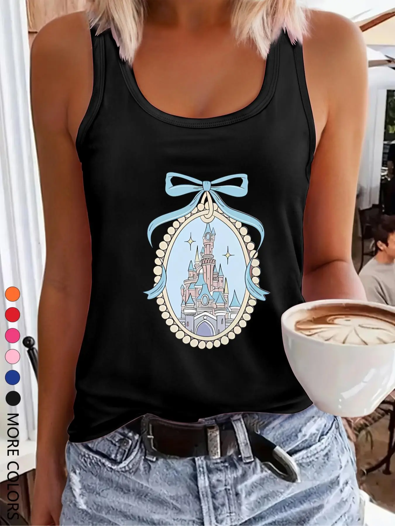 Women's Bow & Castle Print Tank Top, Casual Sleeveless Round Neck Top for Daily Wear, Ladies Clothes for All Seasons, Sleeveless Tank Tops, Socks