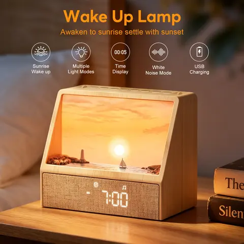 Dynamic Sunrise Alarm Clock, HIFI Speaker White Noise Machine with Bluetooth Music Player, Button & Scroll Wheel Control, Sleep/Snooze Alarm Mode, 10 Nature Scenes, Dimmable Night Light, 45/90 Mins Auto-Off, Home Bedroom Decor for Adults Kids