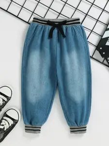 Spring Autumn Newborn Baby Jeans, Washed Denim Fabric, Comfortable Skin-Friendly, Colorblock Waistband, Drawstring Design, Casual Outdoor Wear