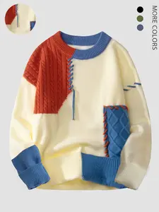 Men's Fall Winter Casual Fitted Sweater, Long Sleeve, Colorblock Knitwear, Animal Pattern, Warm Daily Wear, Fashionable and Versatile Top, Knitted Pullover
