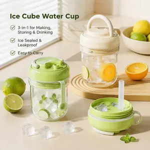 1 Count, 3-in-1 Ice Tray Water Cup, One-touch Ice Release Leakproof Sealed Design with Carry Handle and Straw for Home Outdoor Daily Drink Use
