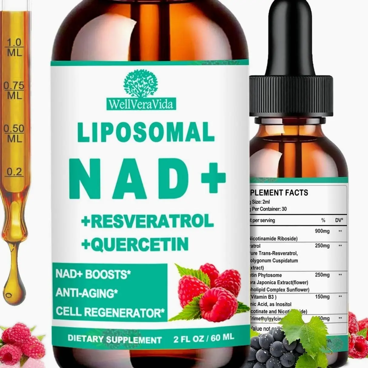 NAD Supplements for Women & Men, Liposomal NAD Nicotinamide Riboside Resveratrol 900mg, TMG, Quercetin, Vitamin B3, Organic Liquid NAD Resveratrol Supplement for Longevity, Energy, Anti-Aging, Focus