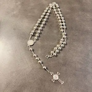 Rosario Plata925 24” Largo Plata Mexicana con Medalla San Benito y Cruz Silver Beaded Rosary Necklace