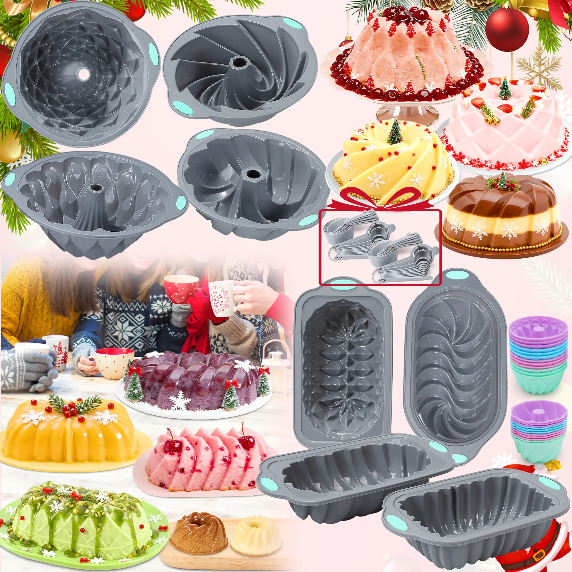 66/21 Pieces，Silicone Baking Set，Silicone Wavy Cake Mold Set -BPA-FreeLoaf Pan & Hollow Pan for Cakes Breads Jellies - Non-Toxic Heat-Resistant Baking Tools - Perfect Gift forHolidays，Christmas gifts Bakeware Baked， Mother's Day Gifts，SummerVibes