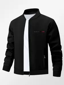 Men's Fall Winter Casual Fitted Letter Print Stand Collar Jacket, Business Style Outdoor Sports Coat, Zipper Closure Design, Collared Jacket, Casual Fashion Jacket