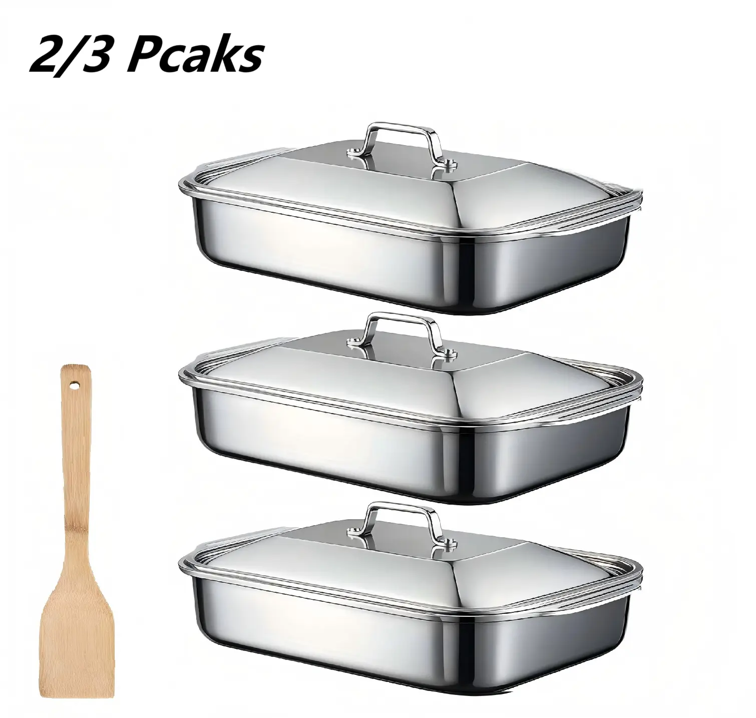 LOVEWE Stainless Steel Bakeware Set for Kitchen Baking Supplies, 2 or 3 Pcs Deep Rectangular Baking Trays with Lids, Nonstick Oven Pans, Included Wooden Spatula for Bread, Desserts, Roasting