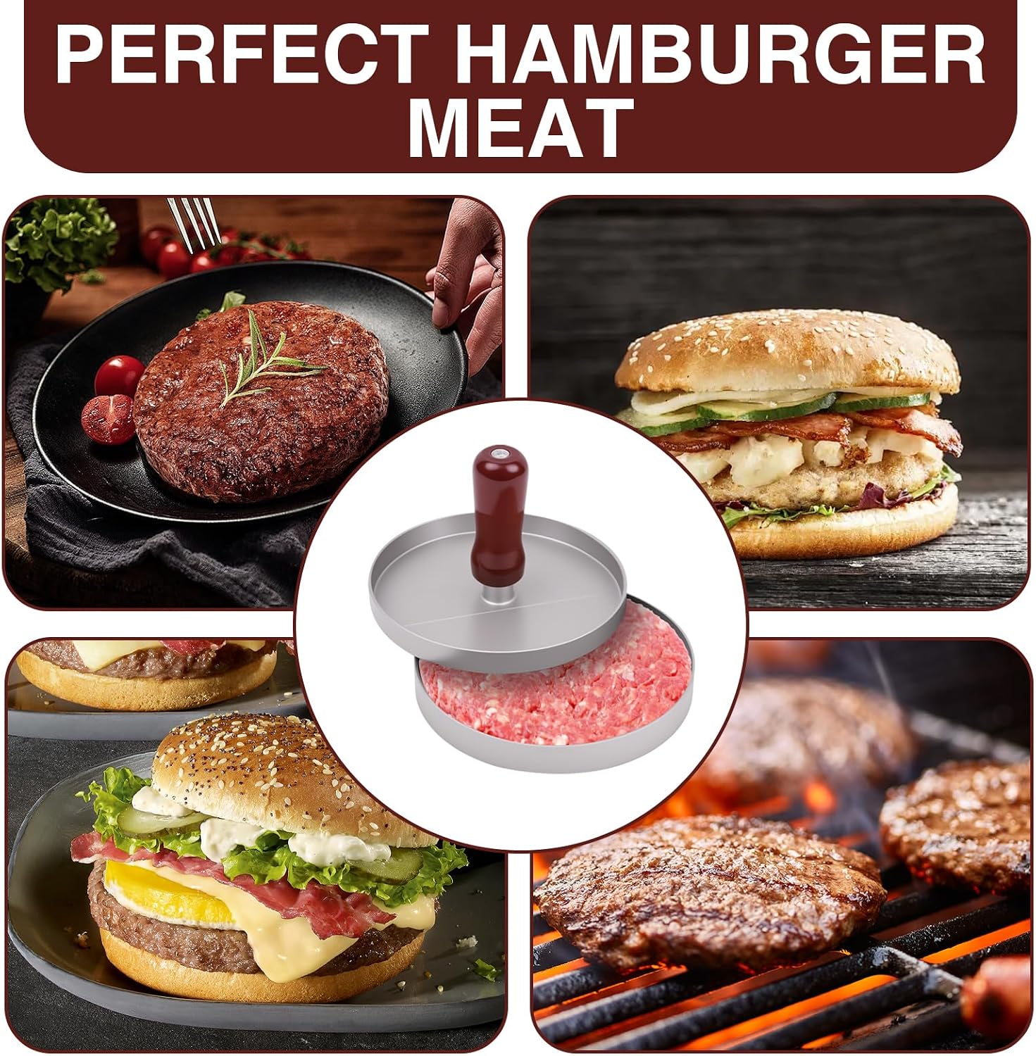Non-Stick Handheld Round Burger Press Utensils - Thick, Smooth Patty Maker for Uniform Meat & Beef Forming, Essential Kitchen Tool for Home Cooking & Outdoor Grilling (Cheese Patty Compatible), 1 Pc, Home/Outdoor