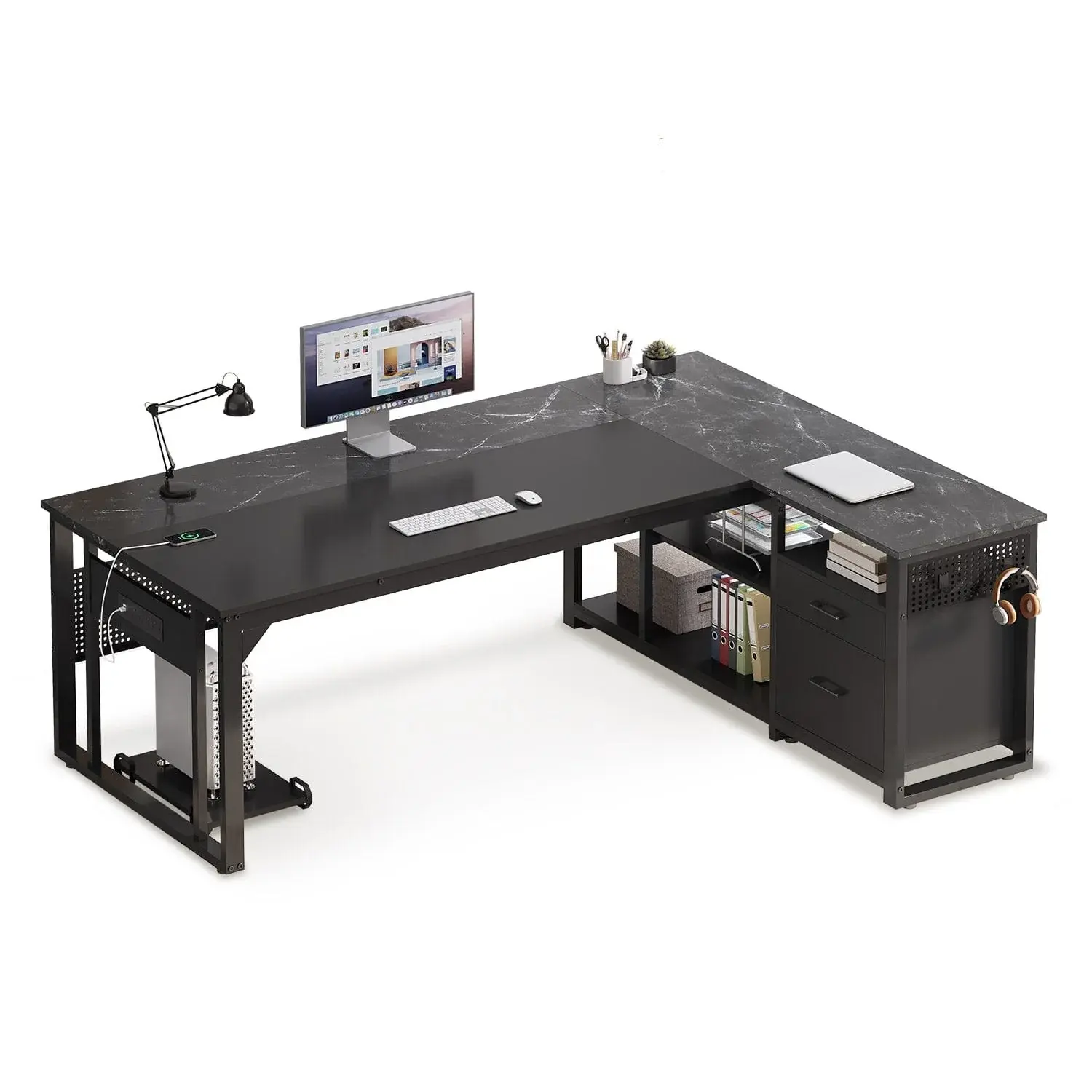 71 in Reversible L Shaped Executive Desk with Power Outlets Black
