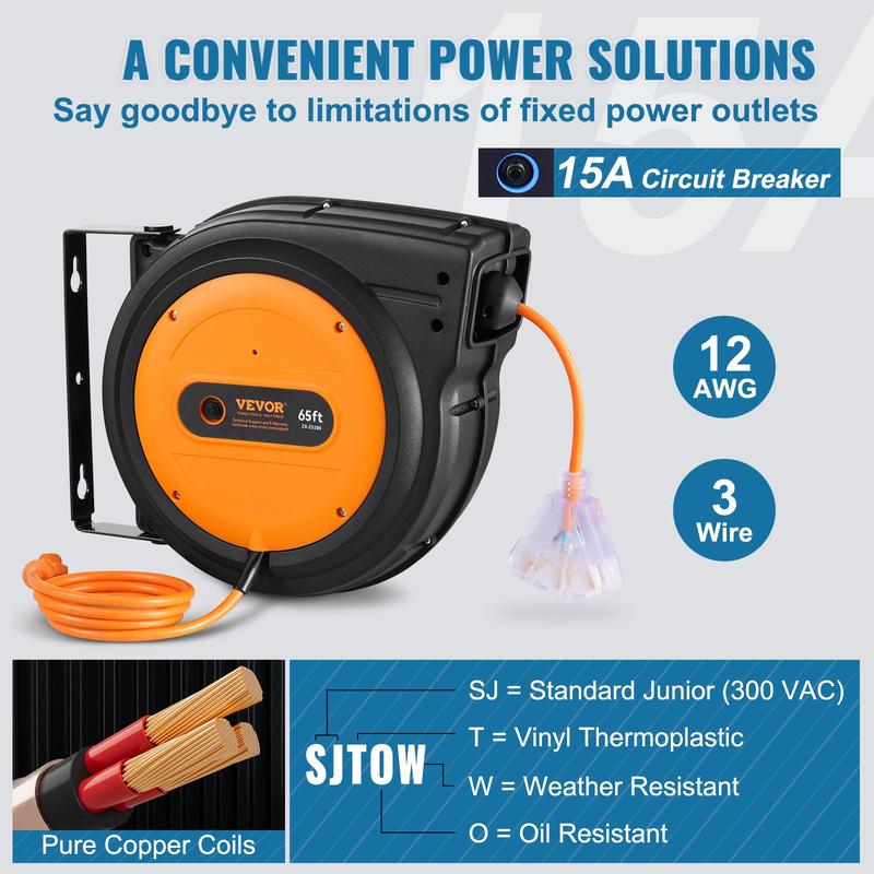 VEVOR Upgraded Retractable Extension Cord Reel, Heavy Duty 12-16AWG/3C SJTOW Power Cord with Lighted Triple Tap Outlet, 15 Amp Circuit Breaker, 180° Swivel Bracket for Ceiling or Wall Tested to UL Standards Cable Safety Convenience VEVOR Super Brand Day