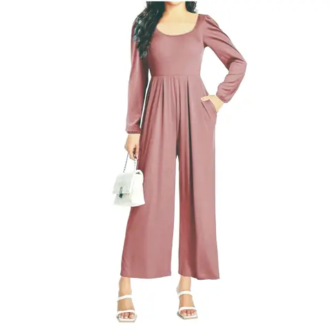 Women's Casual Wide-Leg Solid Jumpsuit - Stretchy Square Neck Puff-Sleeve Cute Long Sleeve Recycled-Poly Blend Overalls with Pockets, Zipper, Loose Fit Fall Dressy 1-Piece Contemporary Clothes