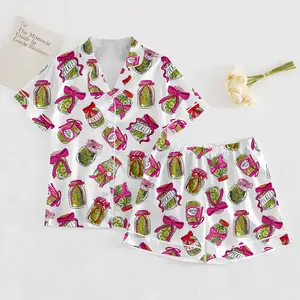 Pickle Pink Bows Pajama Set, Women’s Pickle Lover Pink Bows Pajama Set, Sleepwear Gift, Satin Pajama Set, Gift For Her