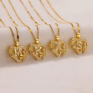 Hollowed-Out 26-Letter Heart-Shape Pendant Necklace, Copper Base Chain, Diamond-Studded, Light Luxury Versatile Elegant Design, Summer Fashion Costume Jewelry Accessory