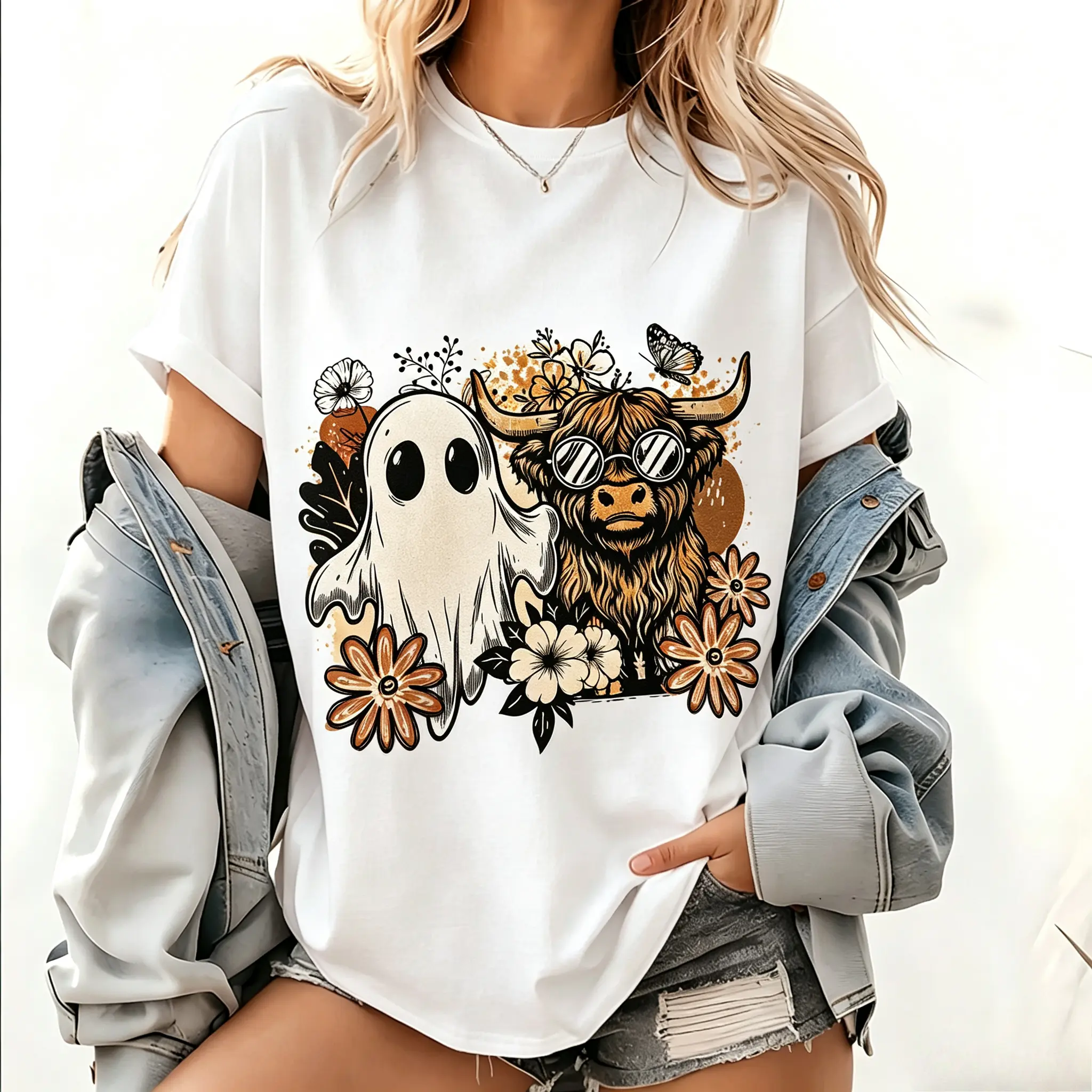 Women's Cotton Apparel Short-Sleeve Flat T-Shirt - Spooky Highland Cow Ghost Print, Halloween Casual Top, Women's Graphic Tees