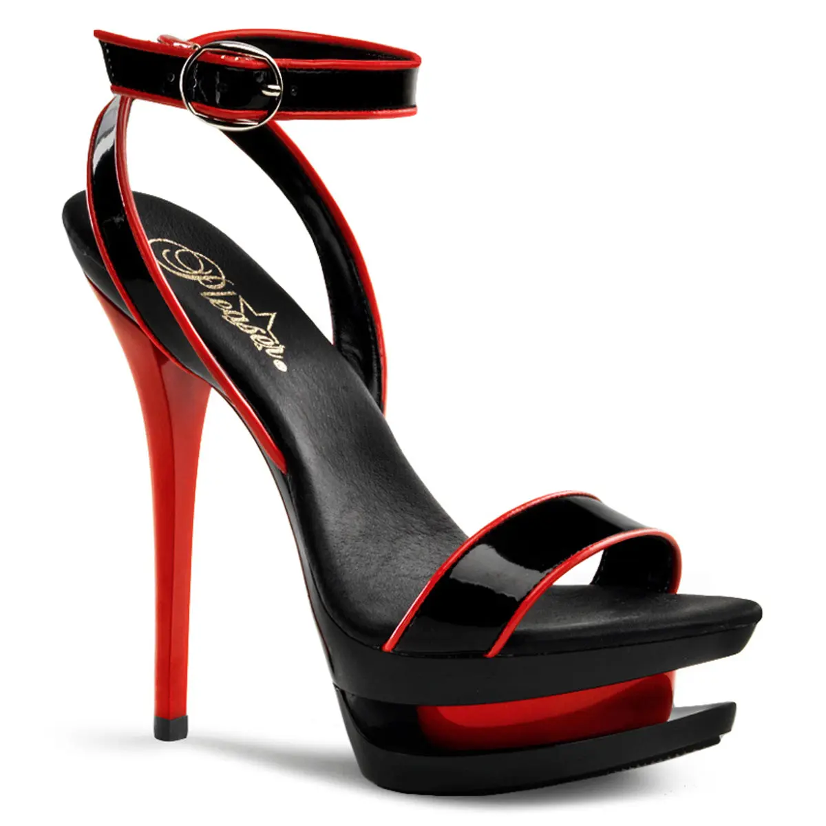 PLEASER BLONDIE-631-2 Women's Colorblock Black-Red Pat Platform Stiletto Sandals, Elegant Party Heels, Clubbing Footwear, Statement Shoes, Dramatic Height, Adjustable Strap, Open Toed Sandals, 6 Inch Heels