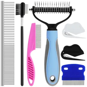 7PCS Cat Dog Grooming Brush Comb Kit, Grooming Kit for Pets, Double-Side Deshedding Dematting Dog Brush, Undercoat Rake for Dogs & Cats, with Metal Comb, Flea Comb, Open Knot Comb, Fine-Teeth Comb, Tear Stain Remover Comb