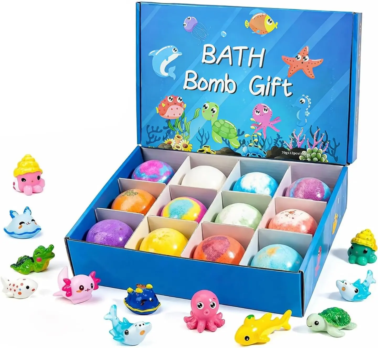 Kids' Gentle Moisturizing Surprise Bath Bombs, 12-Pack Ocean-Themed Fizzy Gift Set, Bomb Bath Additive for Children’s Bubblebaths, Body Care, Children’s Bath, Fizz Balls