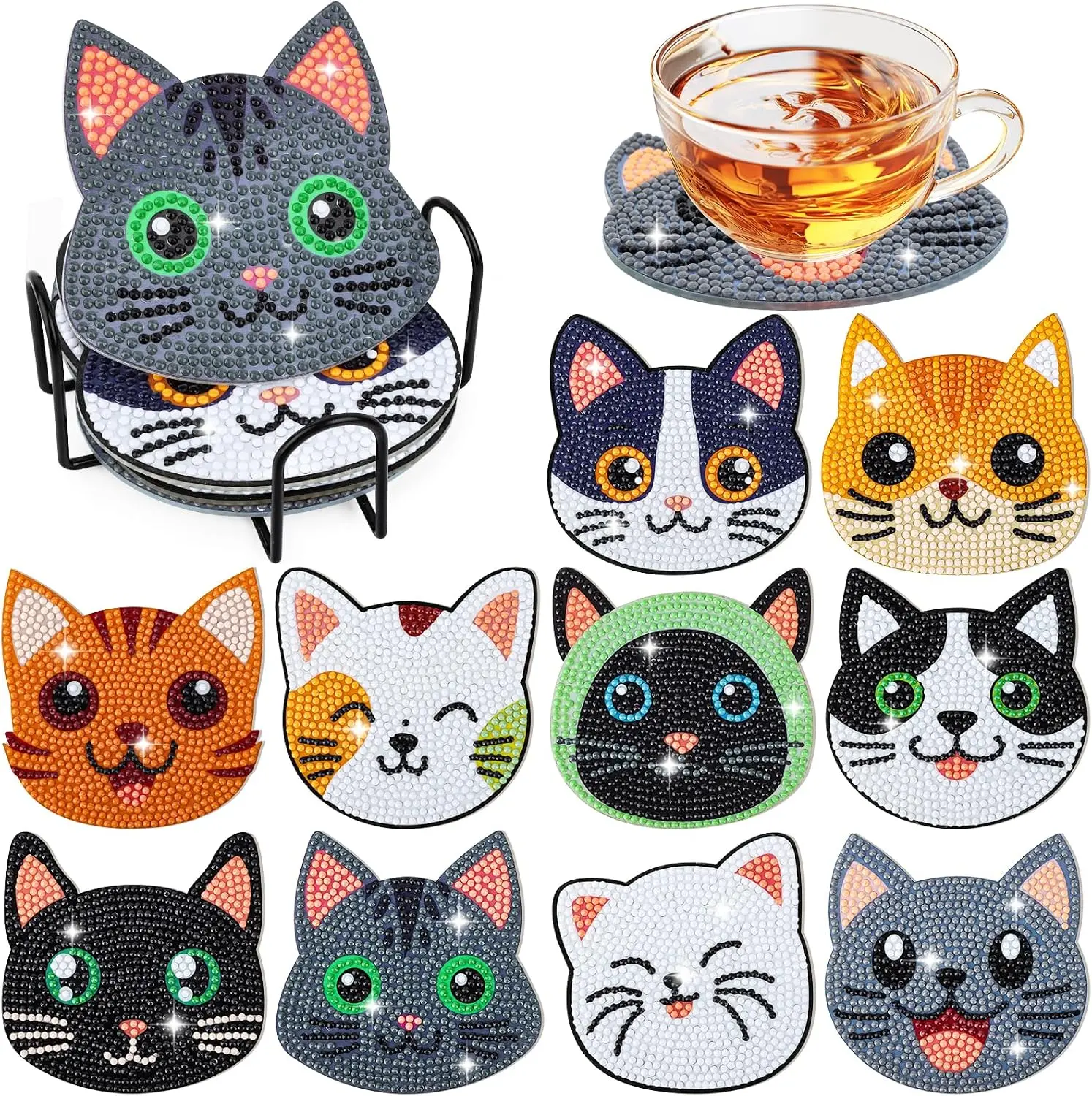 10Pcs Clay Cat Diamond Art Coasters Set for Adults - Home Improvement Table Decor Crafts with Holder, Protective Backing, Tableware Protection Kit