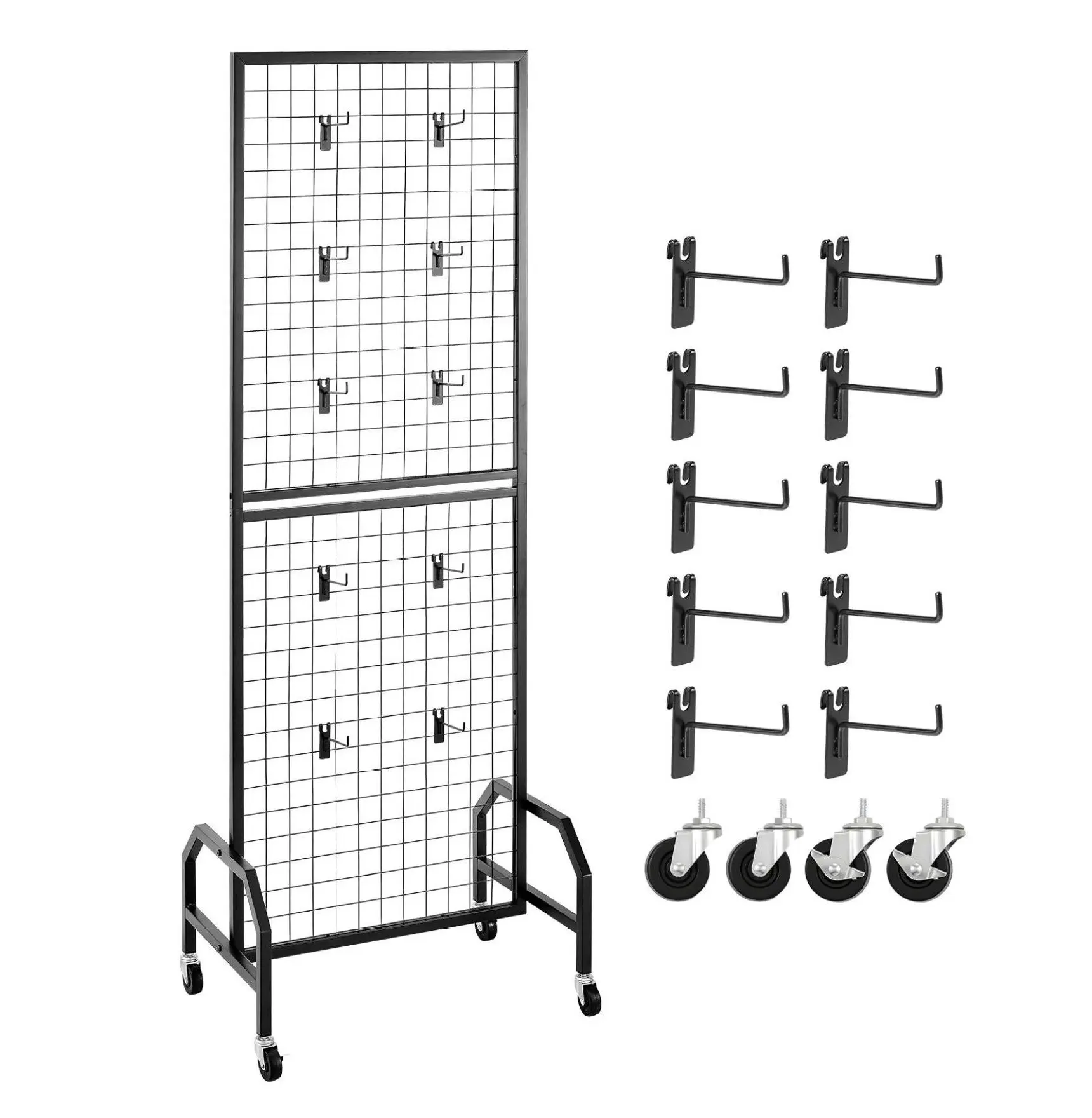 Grid Wall Panel 1.9x5.4ft, Wire Grid Display Rack with Wheels & Hooks, Black Steel Gridwall for Craft Shows, Home Decor, Storage, Notice Boards Default